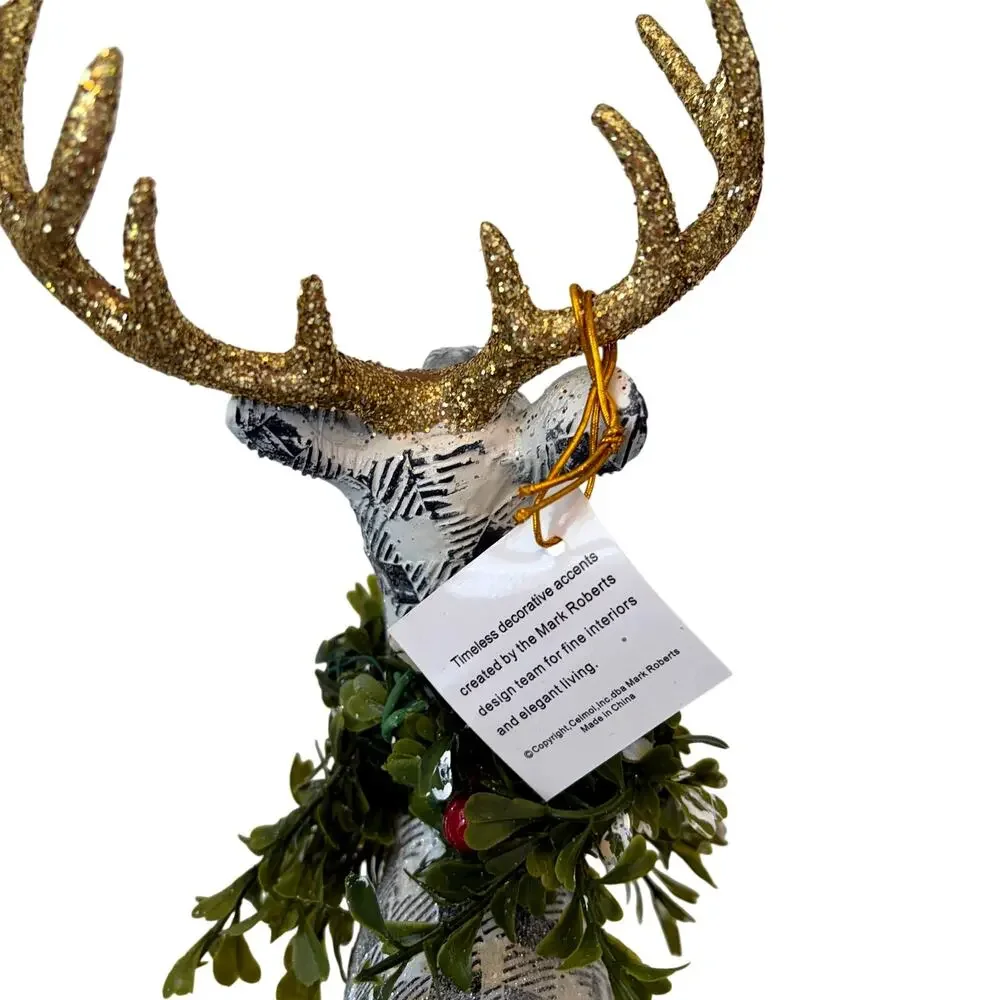 Mark Roberts Plaid Christmas Reindeer Gold Antlers 3pc 13in Holiday Decor NEW